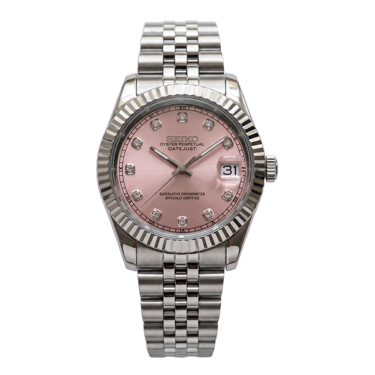 Pink Diamond Seiko mod Datejust front view on Jubilee
