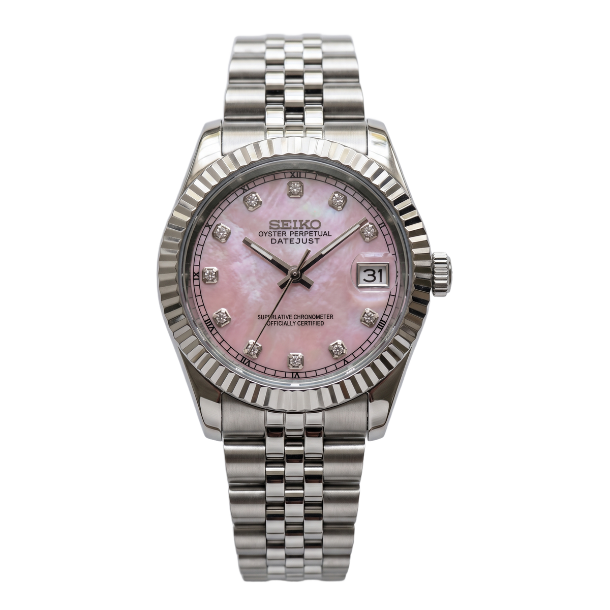 Pink Mother of Pearl Seiko mod Datejust front view on Jubilee