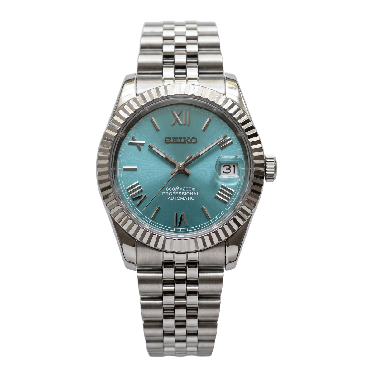 Robin-Egg Blue Roman Seiko mod Datejust front view on Jubilee