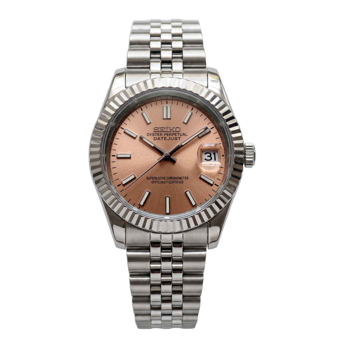 Salmon Seiko mod Datejust front view on Jubilee