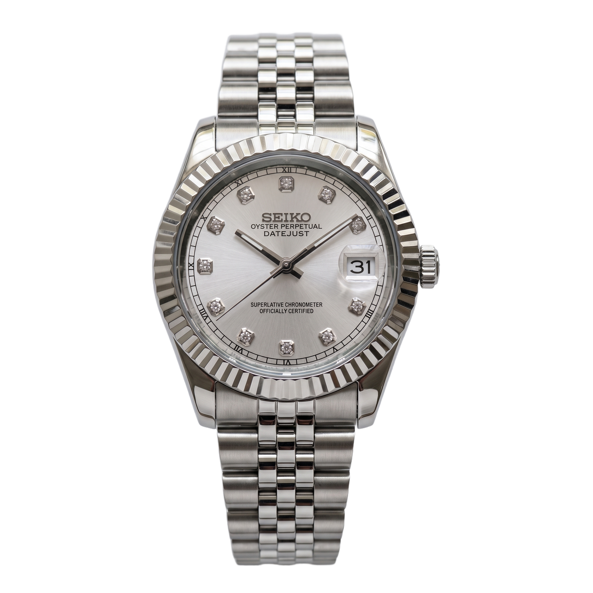 Silver Diamond Seiko mod Datejust front view on Jubilee