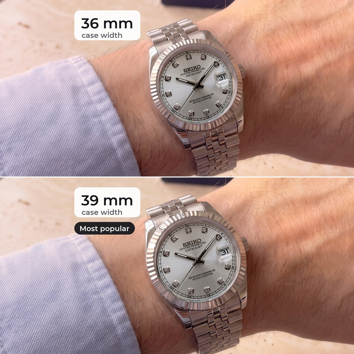 Datejust 36mm and 39mm case sizes compared on the same wrist