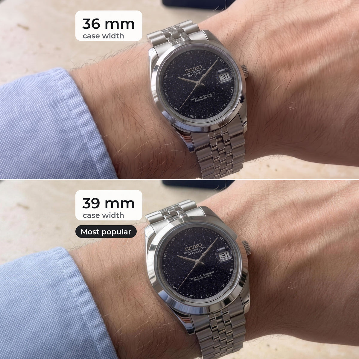 Datejust 36mm and 39mm case sizes compared on the same wrist