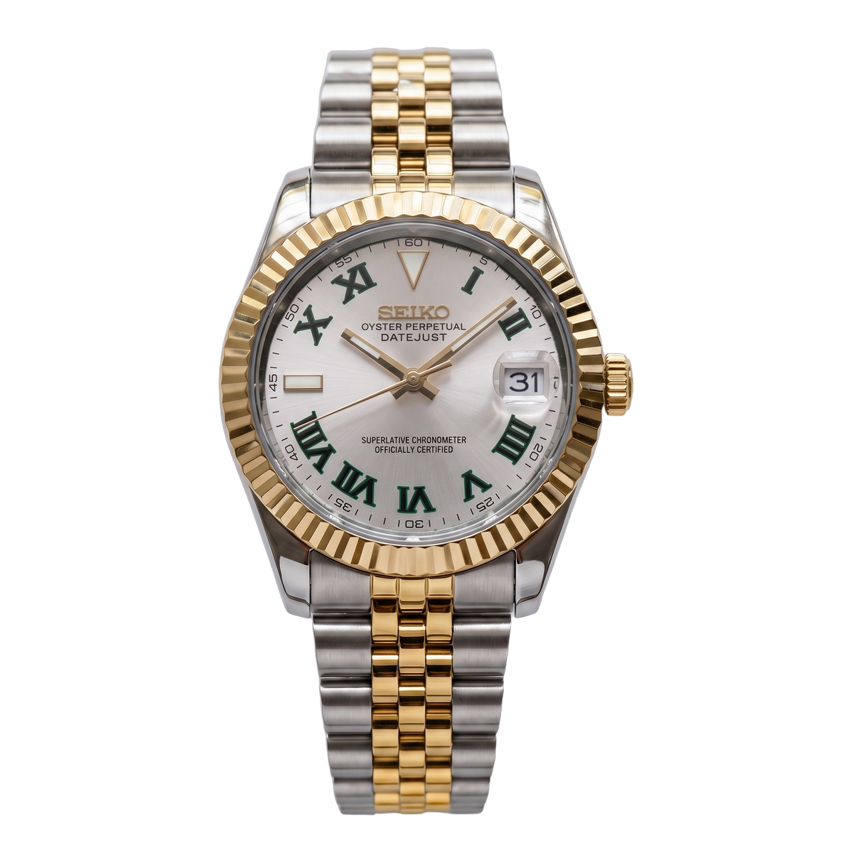 Two-Tone Wimbledon White Dial Seiko mod Datejust front view on Jubilee
