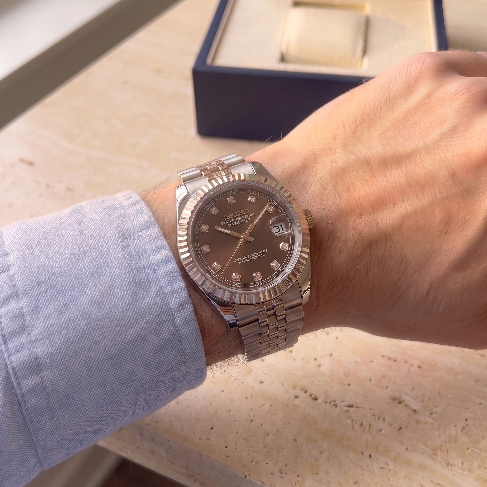 Seiko Mod Datejust Two-Tone Chocolate | Rose Gold Diamond Dial