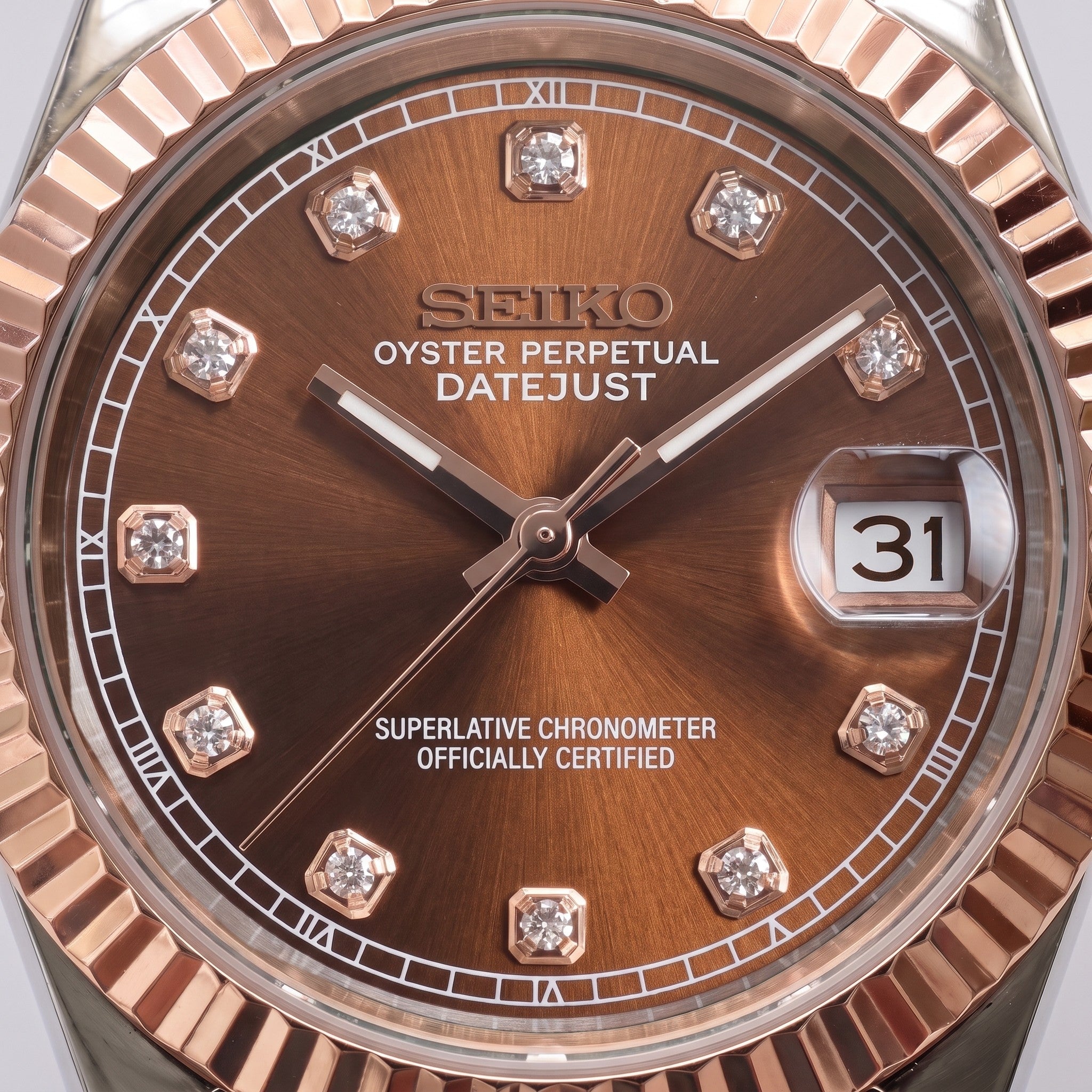Seiko Mod Datejust Two-Tone Chocolate | Rose Gold Diamond Dial