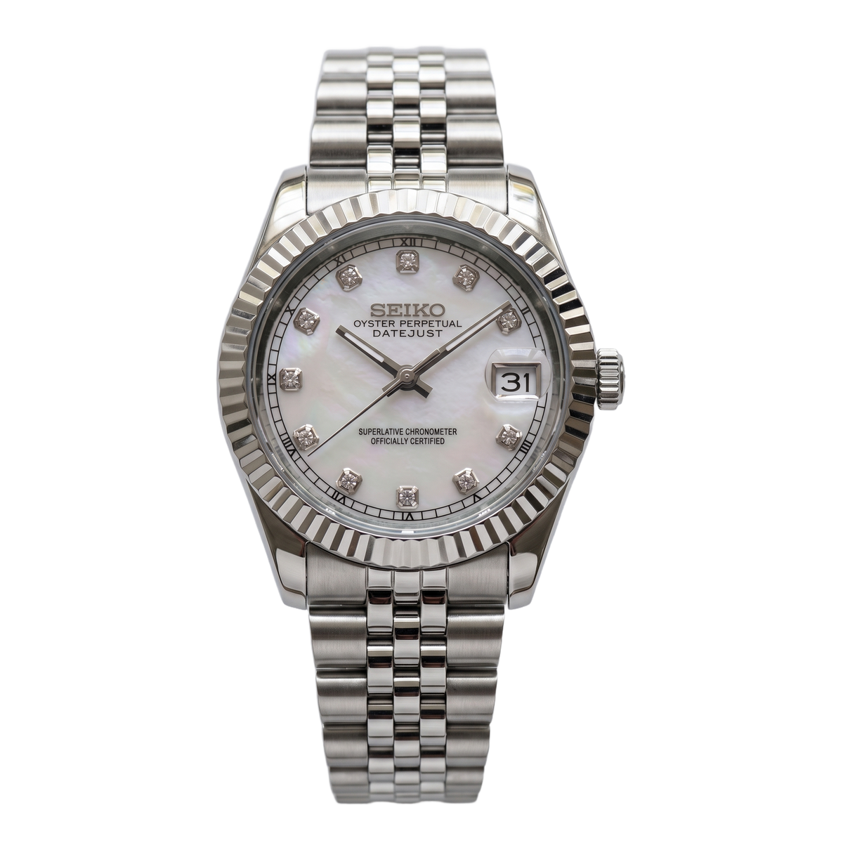 White Mother of Pearl Seiko mod Datejust front view on Jubilee