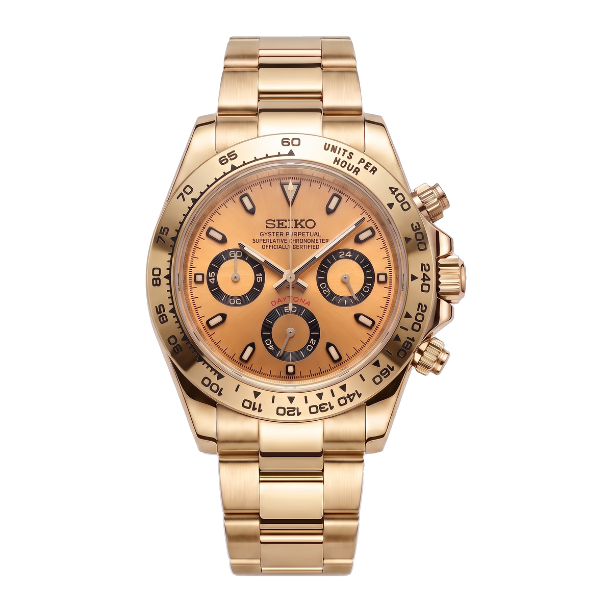 Amber Gold Seiko mod Daytona front view on Oyster