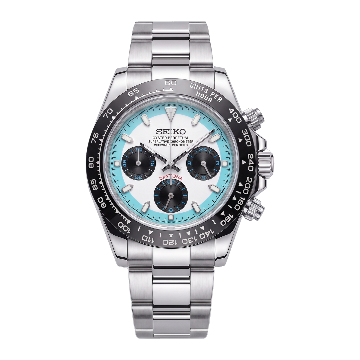 Arctic Racer Seiko mod Daytona front view on Oyster