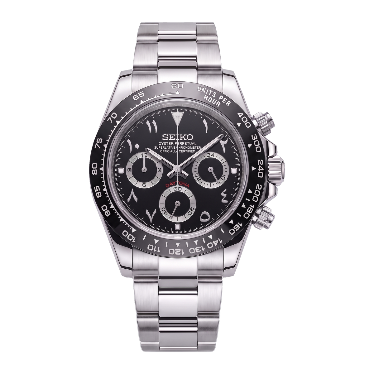 Black Arabic Seiko mod Daytona front view on Oyster