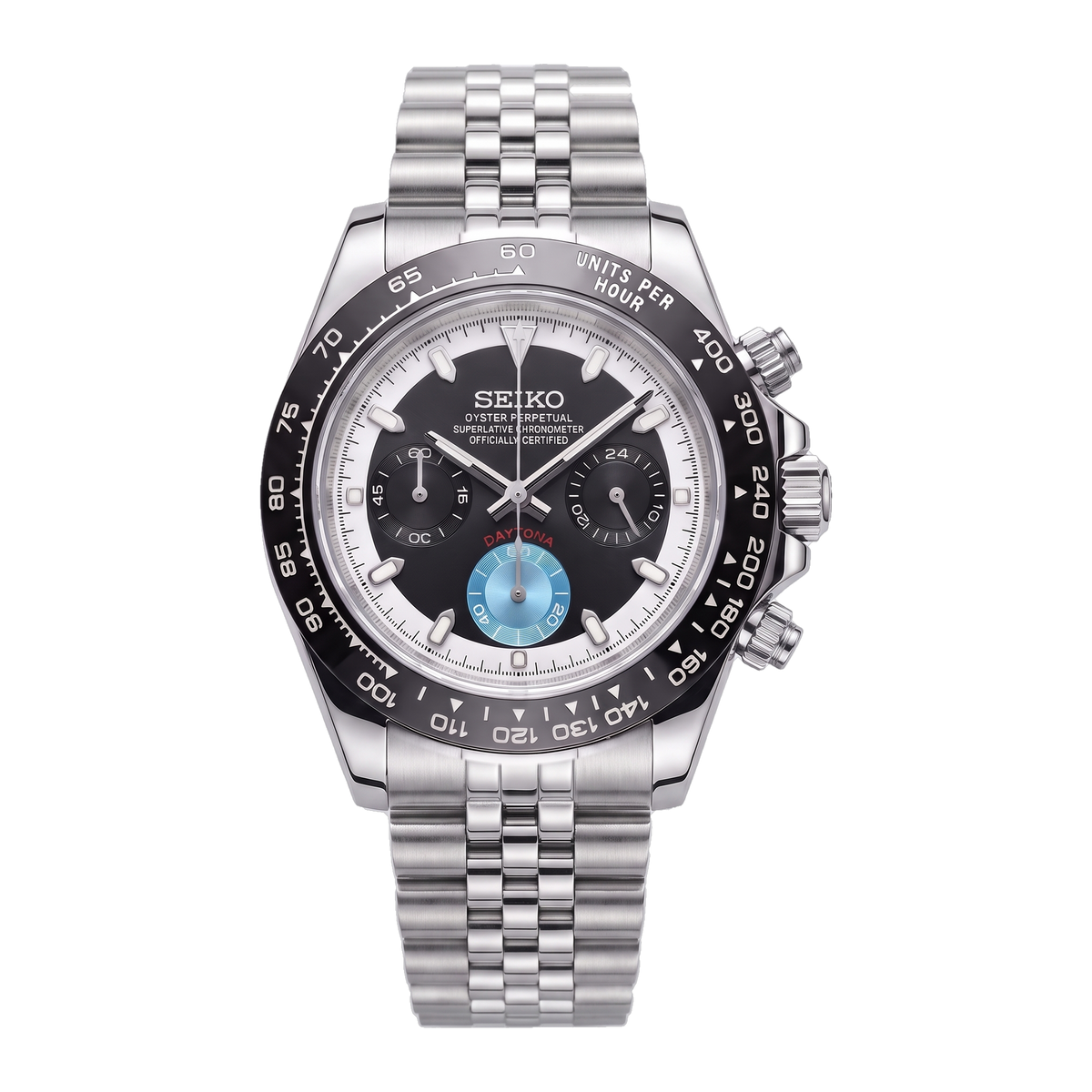 Black Ice Racer Seiko mod Daytona front view on Jubilee
