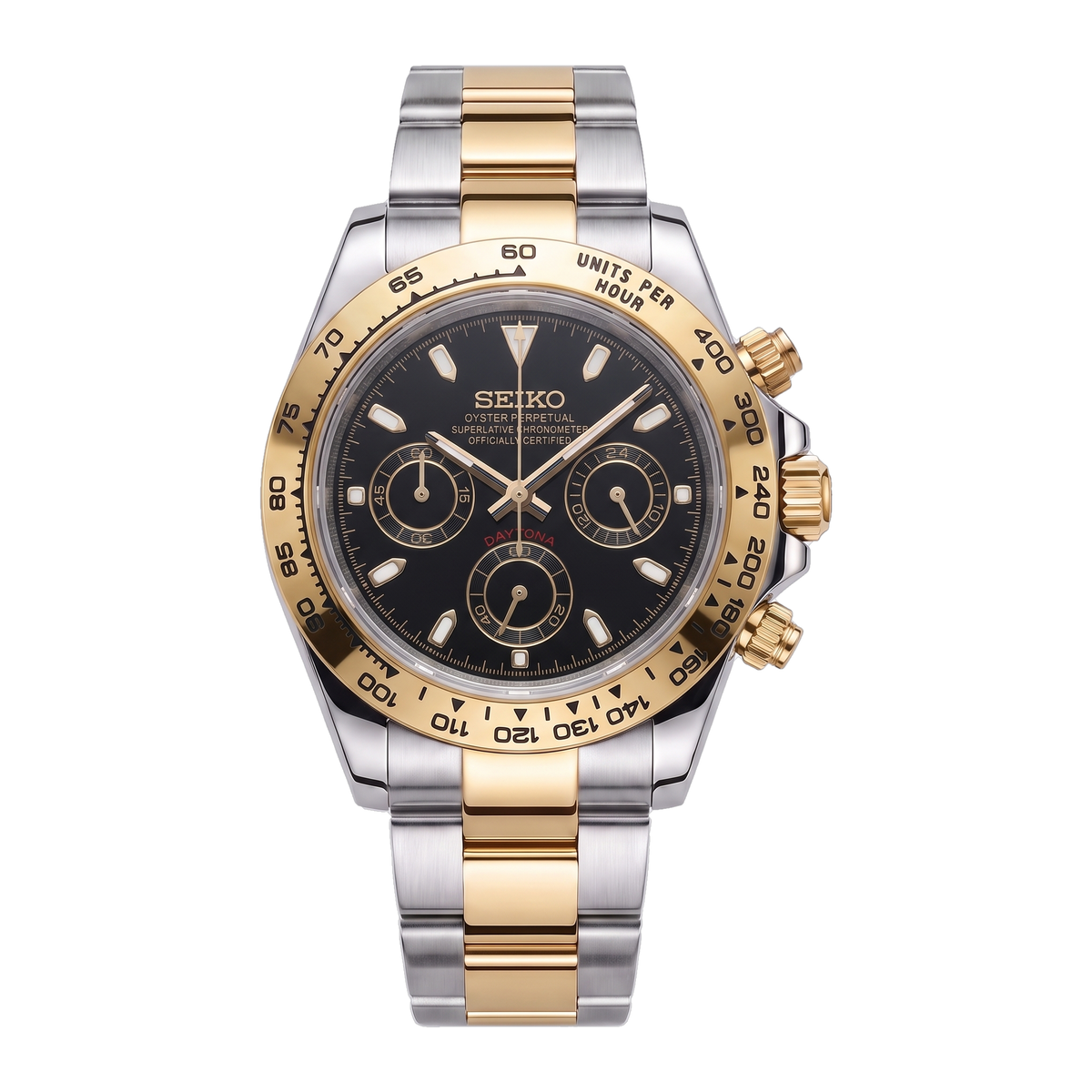 Black Two-Tone Seiko mod Daytona front view on Oyster