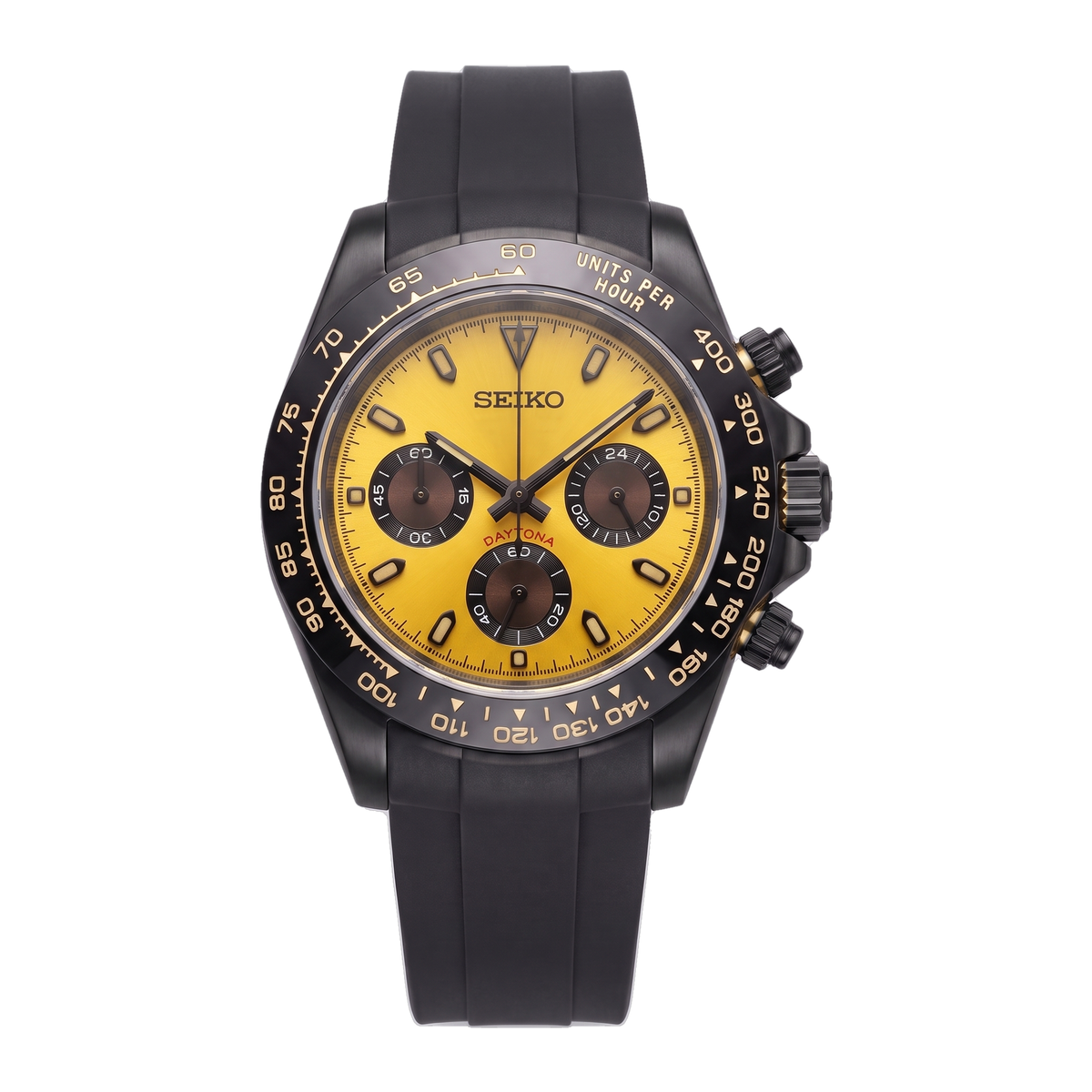 Bumblebee Seiko mod Daytona front view on Black Rubber