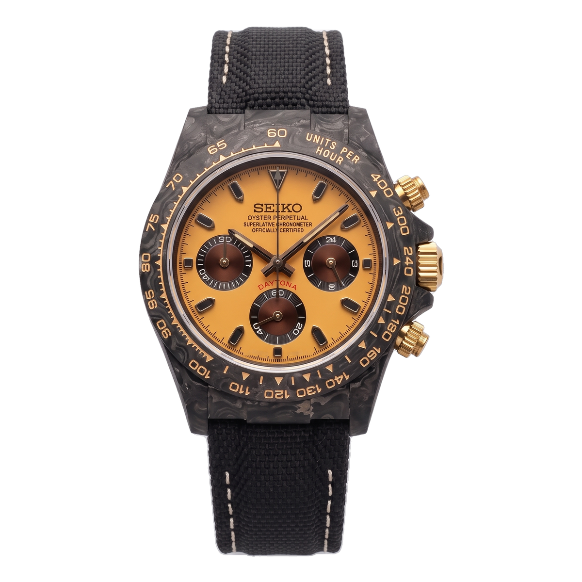 Egg Yolk Carbon Seiko mod Daytona front view on Black Sailcloth