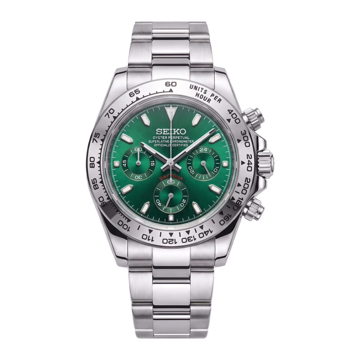 Emerald Chrome Seiko mod Daytona front view on Oyster