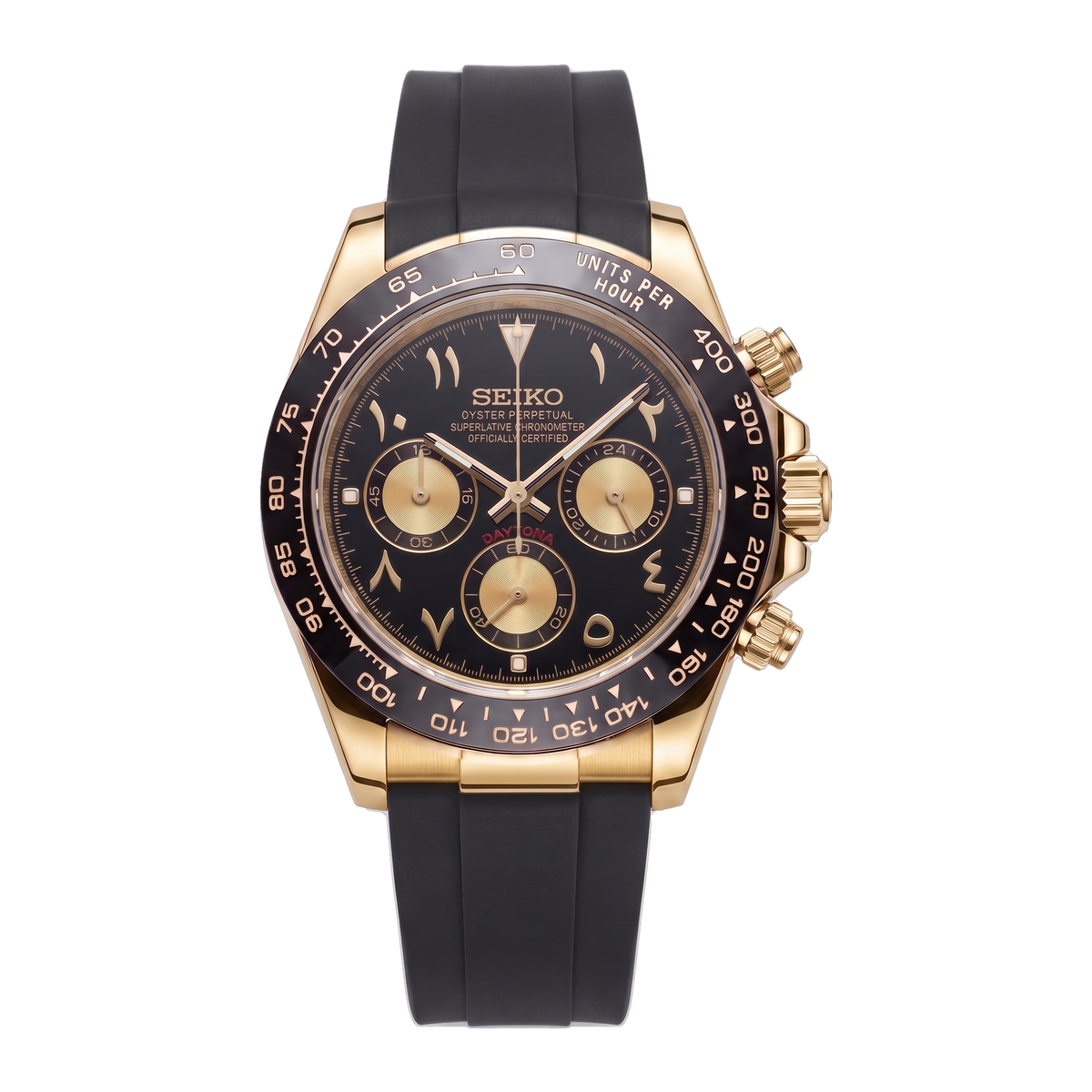 Gold Arabic Dial Seiko mod Daytona front view on Black Rubber