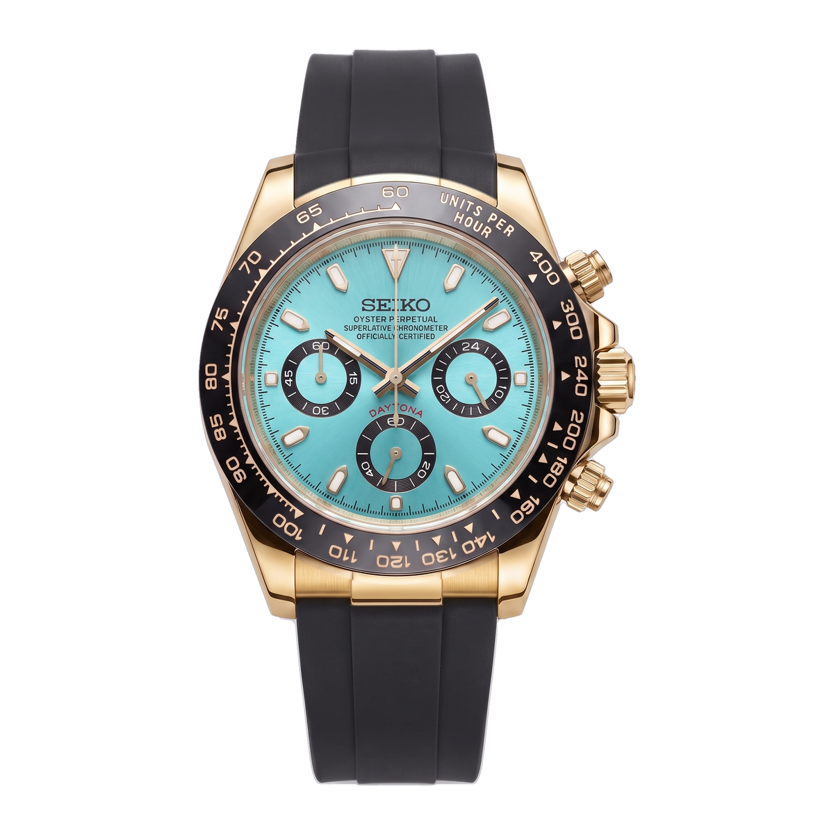 Gold Turquoise Seiko mod Daytona front view on Black Rubber