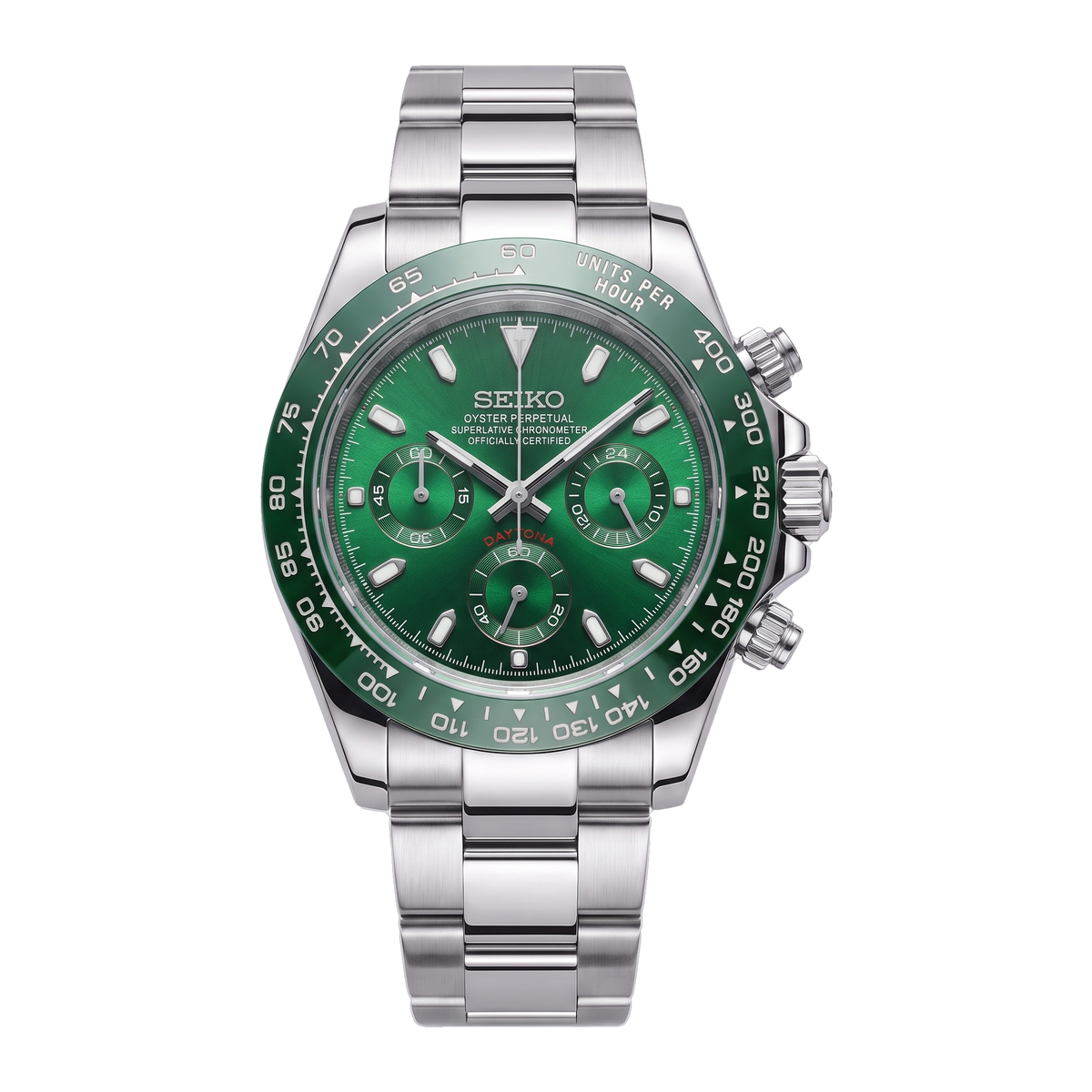 Hulk Green Seiko mod Daytona front view on Oyster