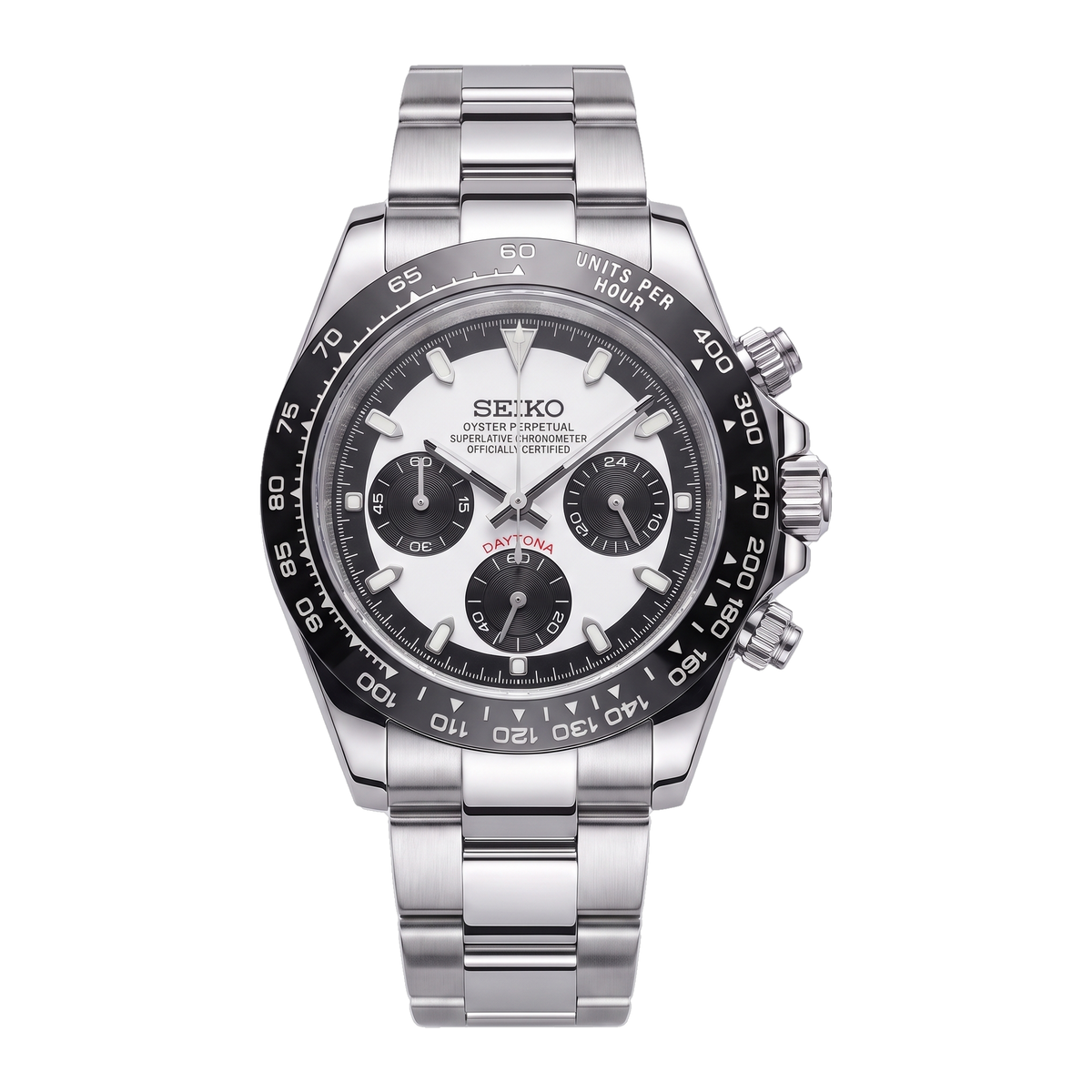 Orca Seiko mod Daytona front view on Oyster