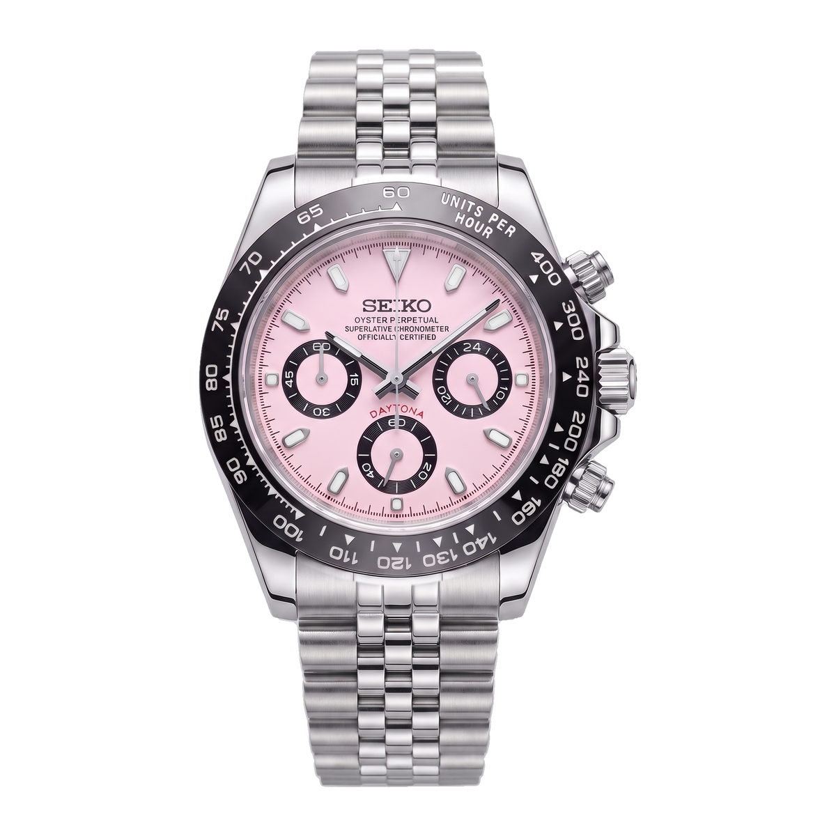 Pink Racer Seiko mod Daytona front view on Jubilee