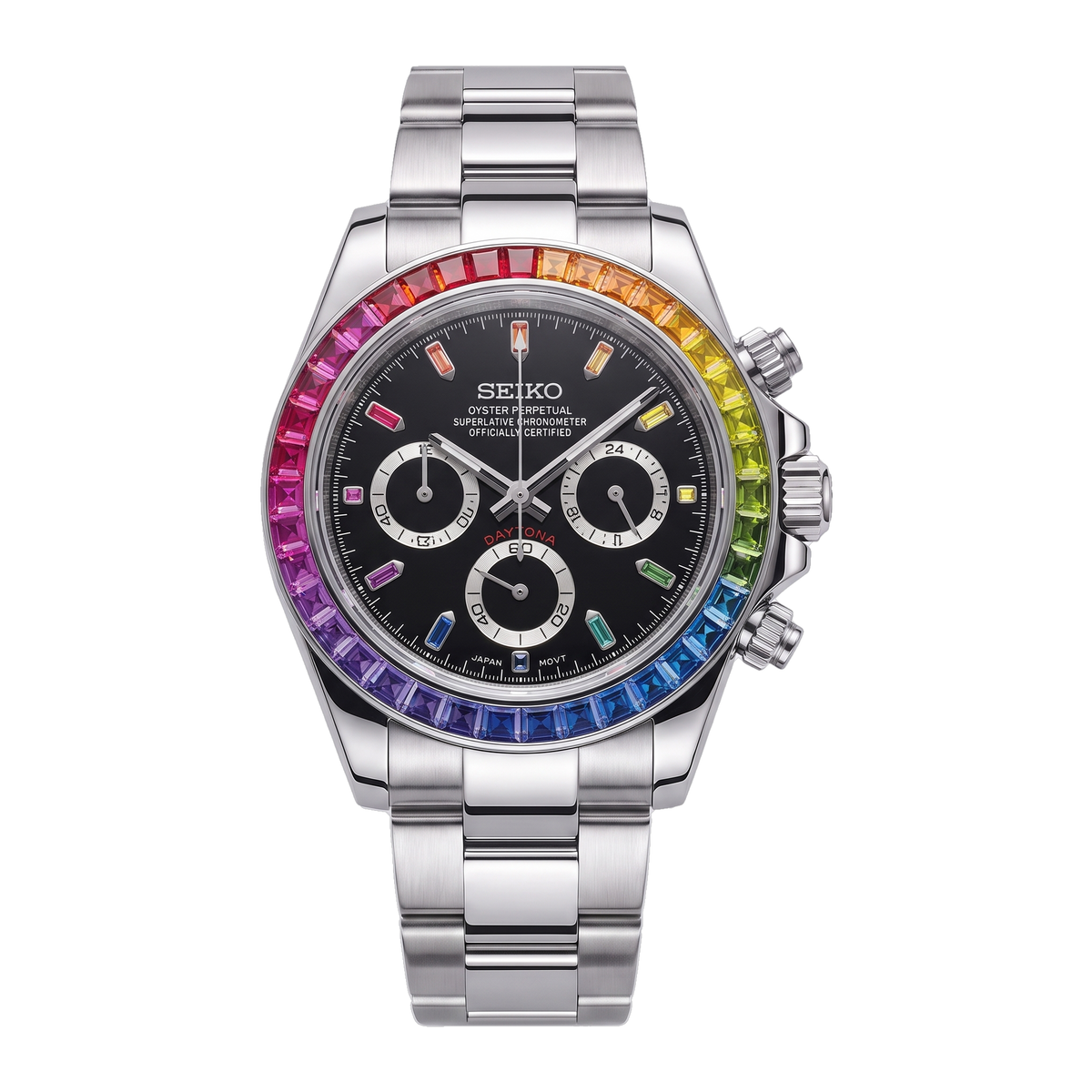 Rainbow Black Dial Seiko mod Daytona front view on Oyster