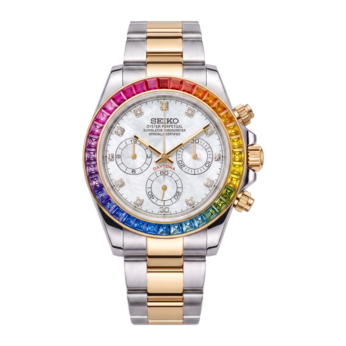 Rainbow Mother of Pearl Dial (Two-Tone) Seiko mod Daytona front view on Oyster