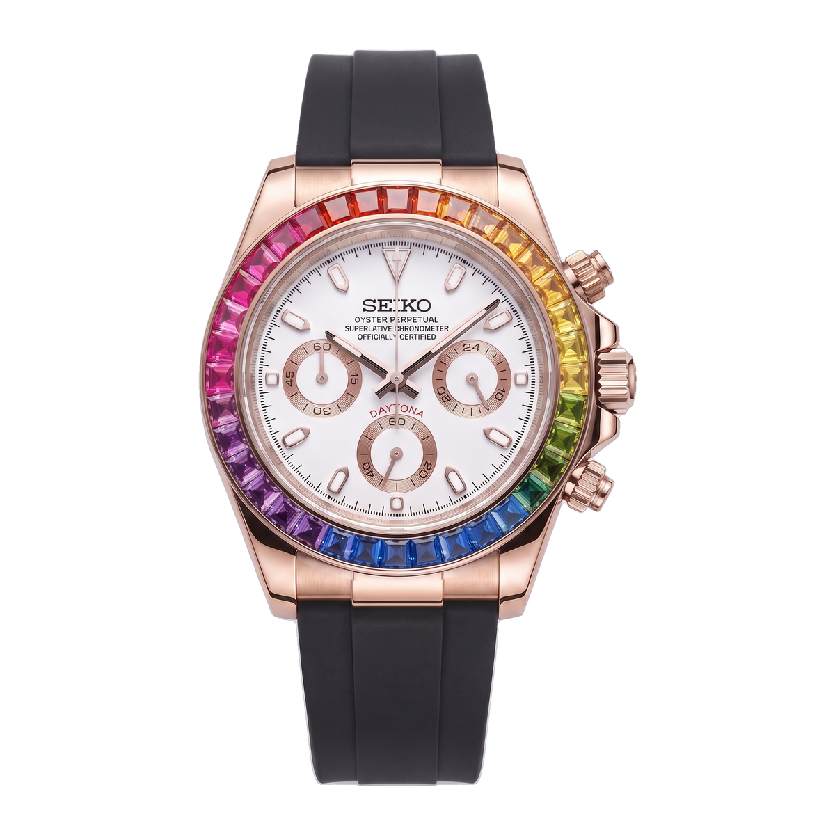 Rainbow White Dial (Rose Gold) Seiko mod Daytona front view on Black Rubber