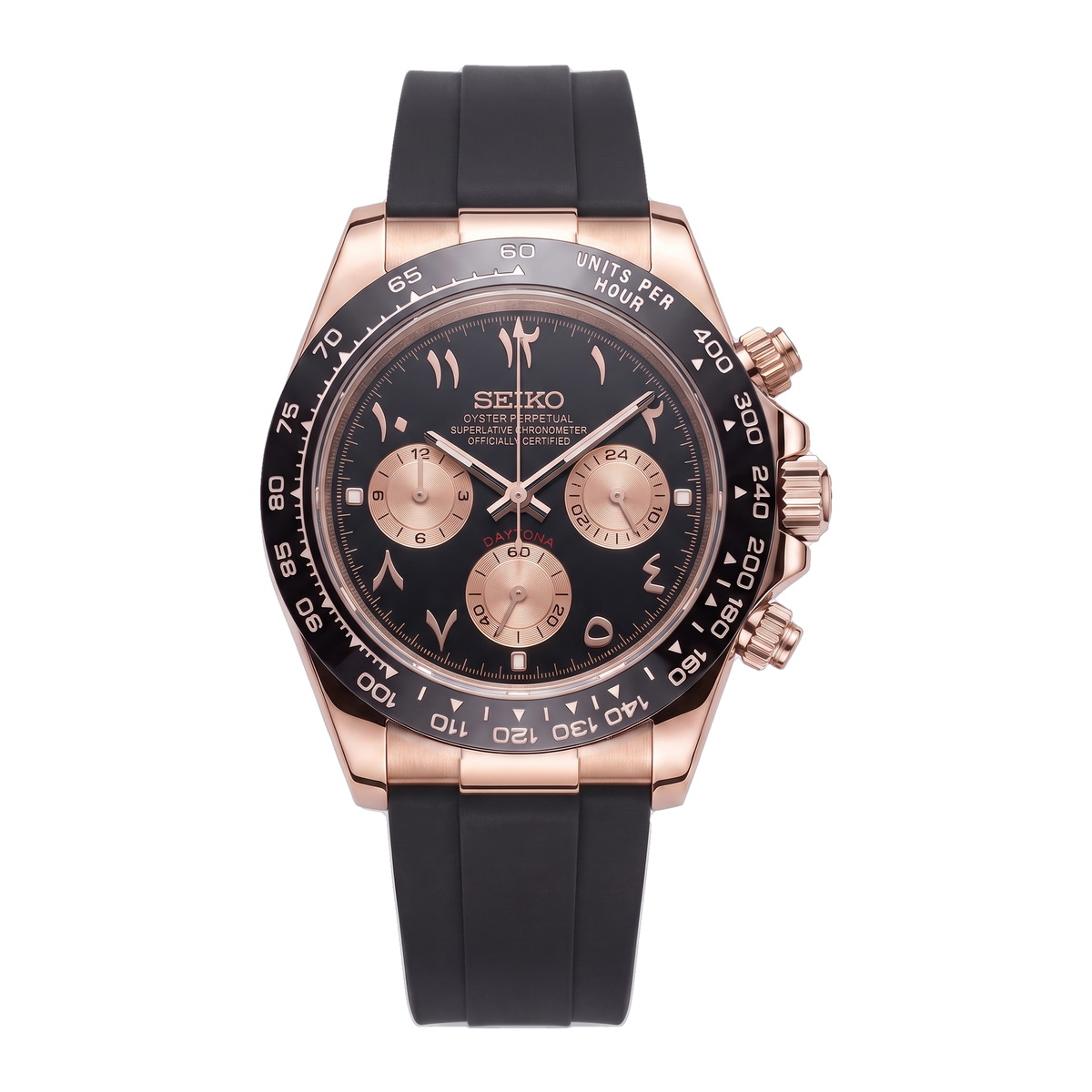 Rose Black Arabic Seiko mod Daytona front view on Black Rubber