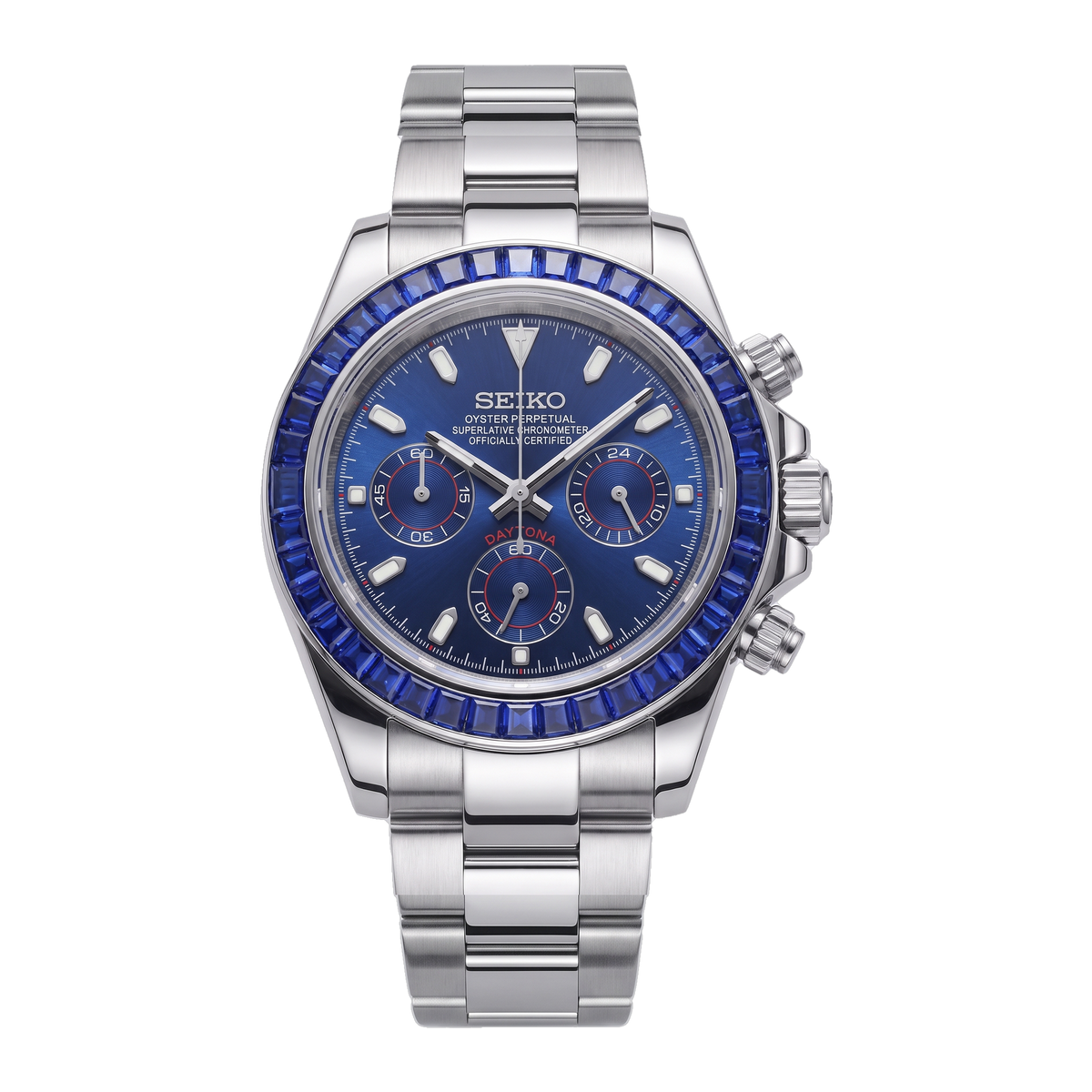 Sapphire Blue Seiko mod Daytona front view on Oyster