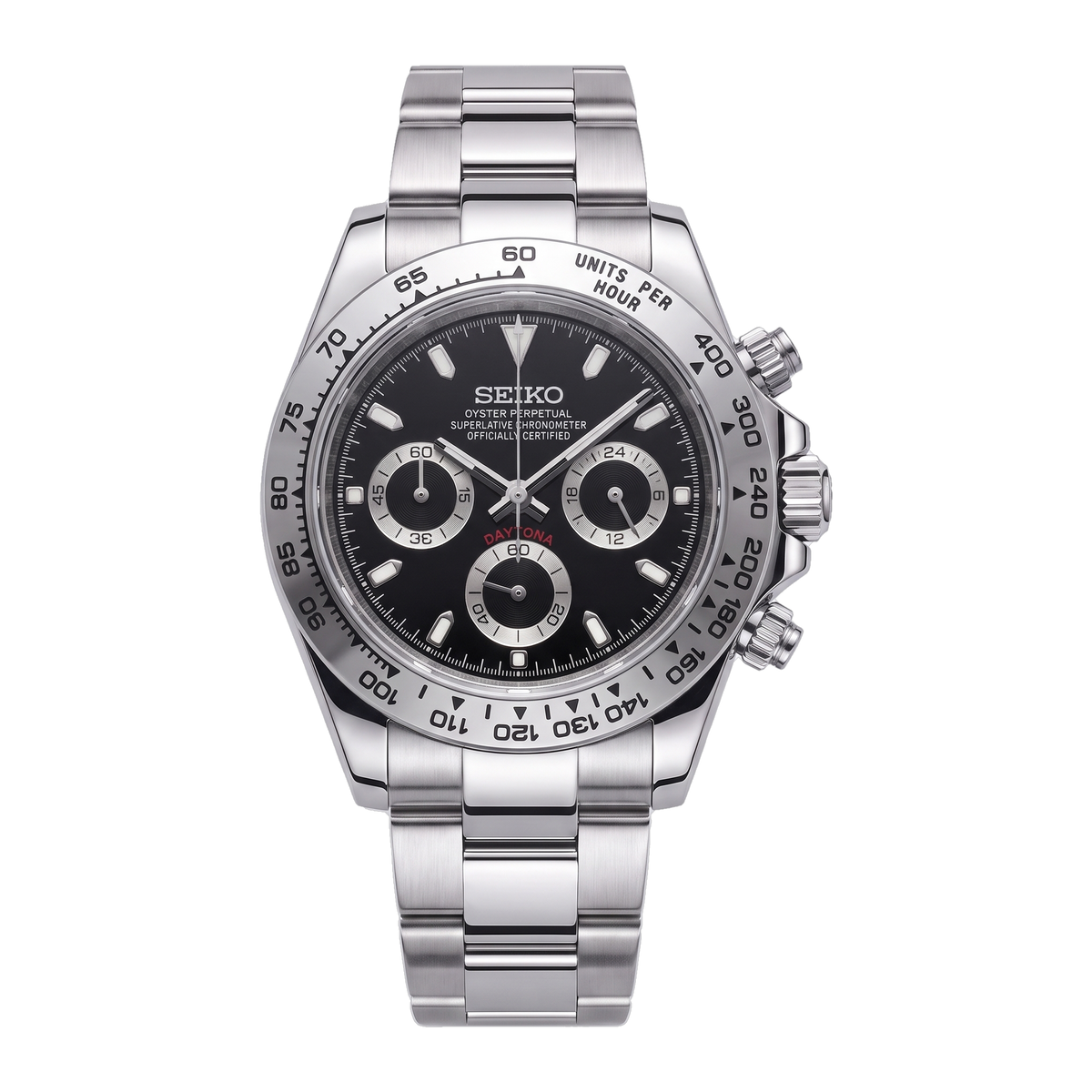 Silver Black Seiko mod Daytona front view on Oyster