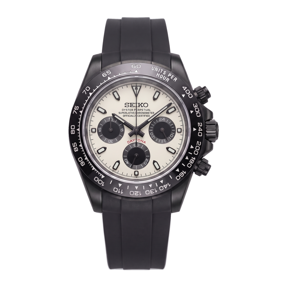 Stealth Panda Seiko mod Daytona front view on Black Rubber