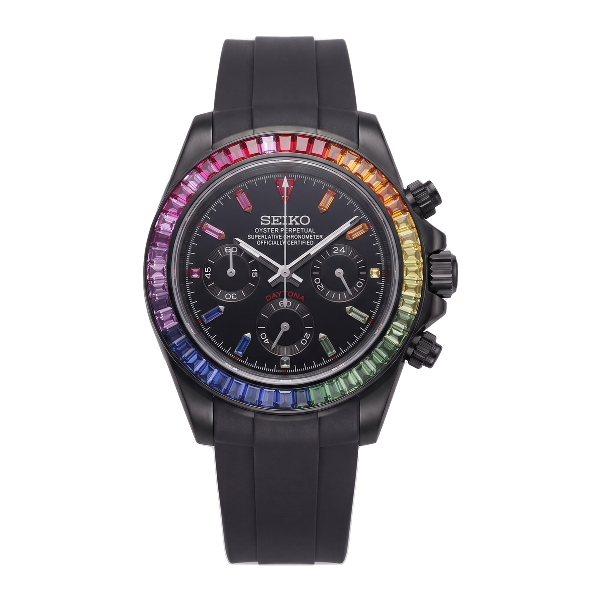 Stealth Rainbow Seiko mod Daytona front view on Black Rubber