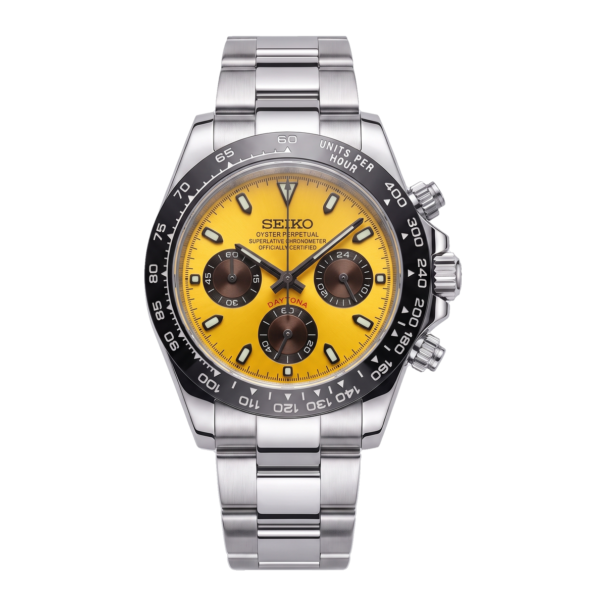 Sunburst Yellow Seiko mod Daytona front view on Oyster