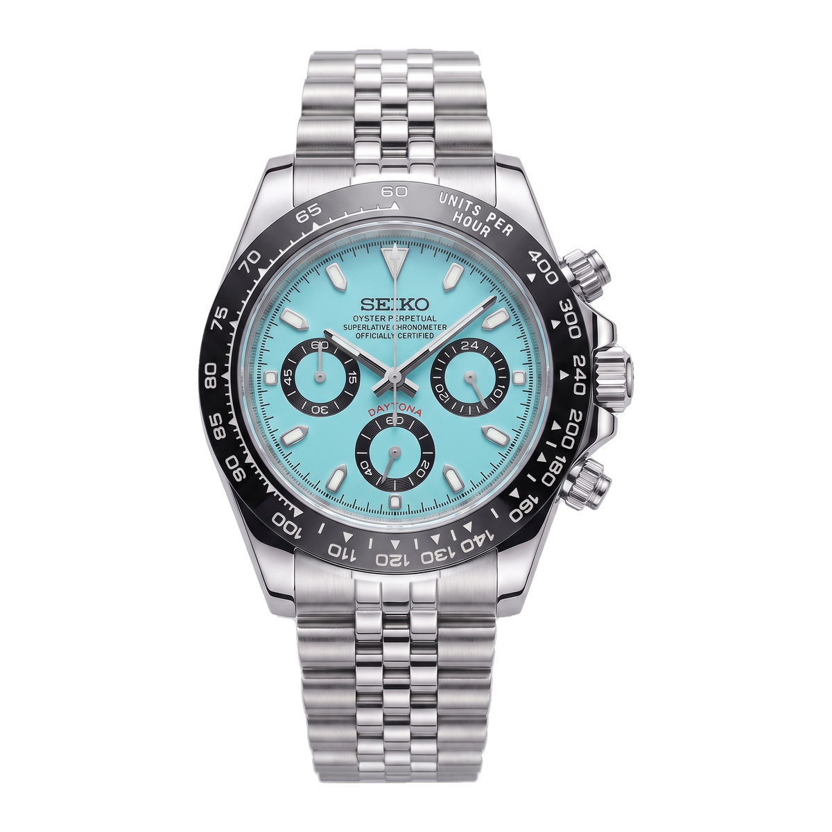 Turquoise Racer Seiko mod Daytona front view on Jubilee