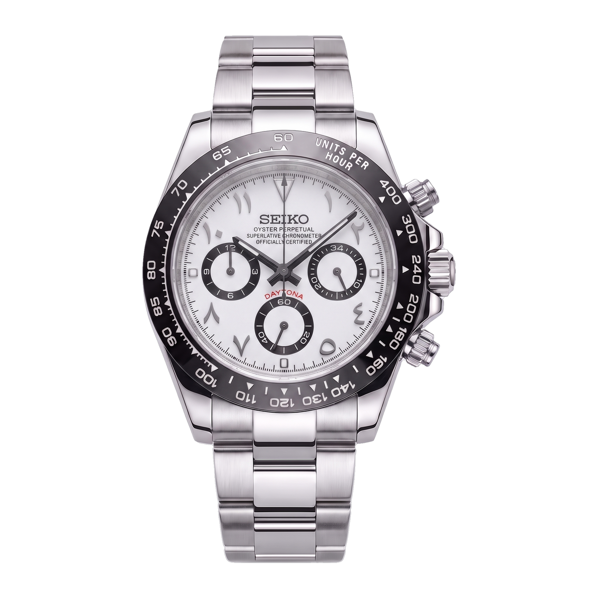 White Arabic Seiko mod Daytona front view on Oyster