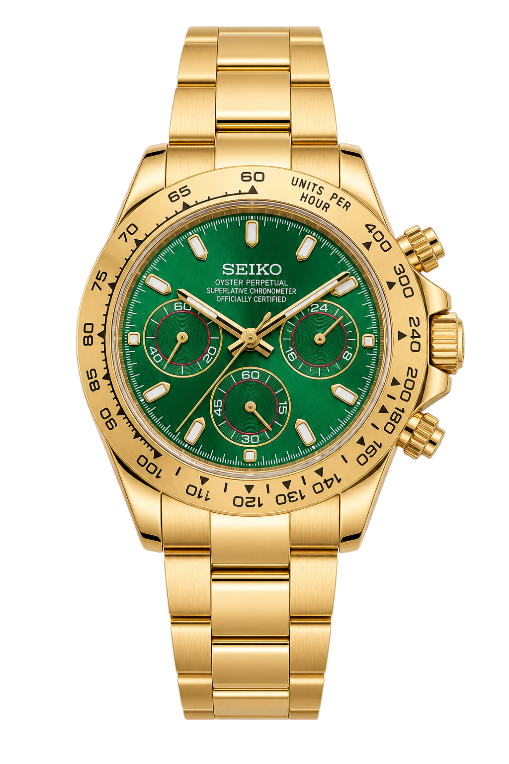 Seiko Mod Daytona - Gold Green transparent studio product view