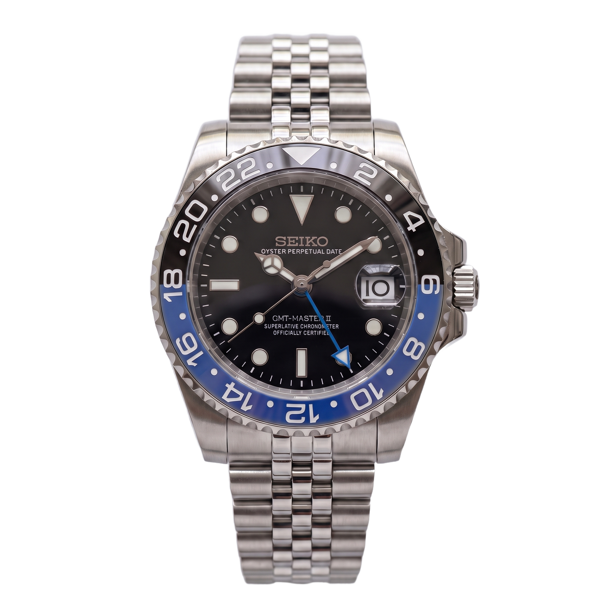 Batgirl Seiko mod GMT front view on Jubilee