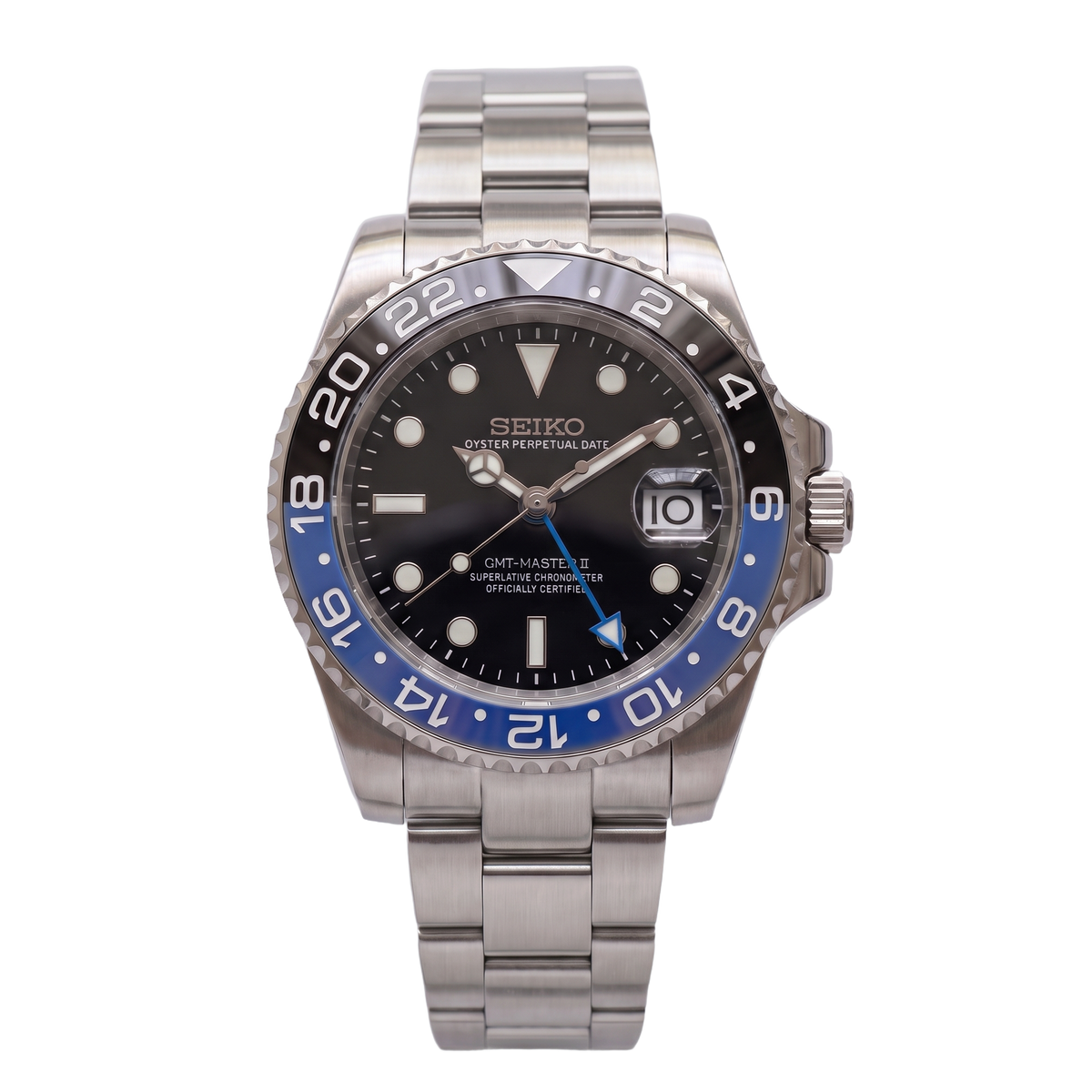 Batman Seiko mod GMT front view on Oyster
