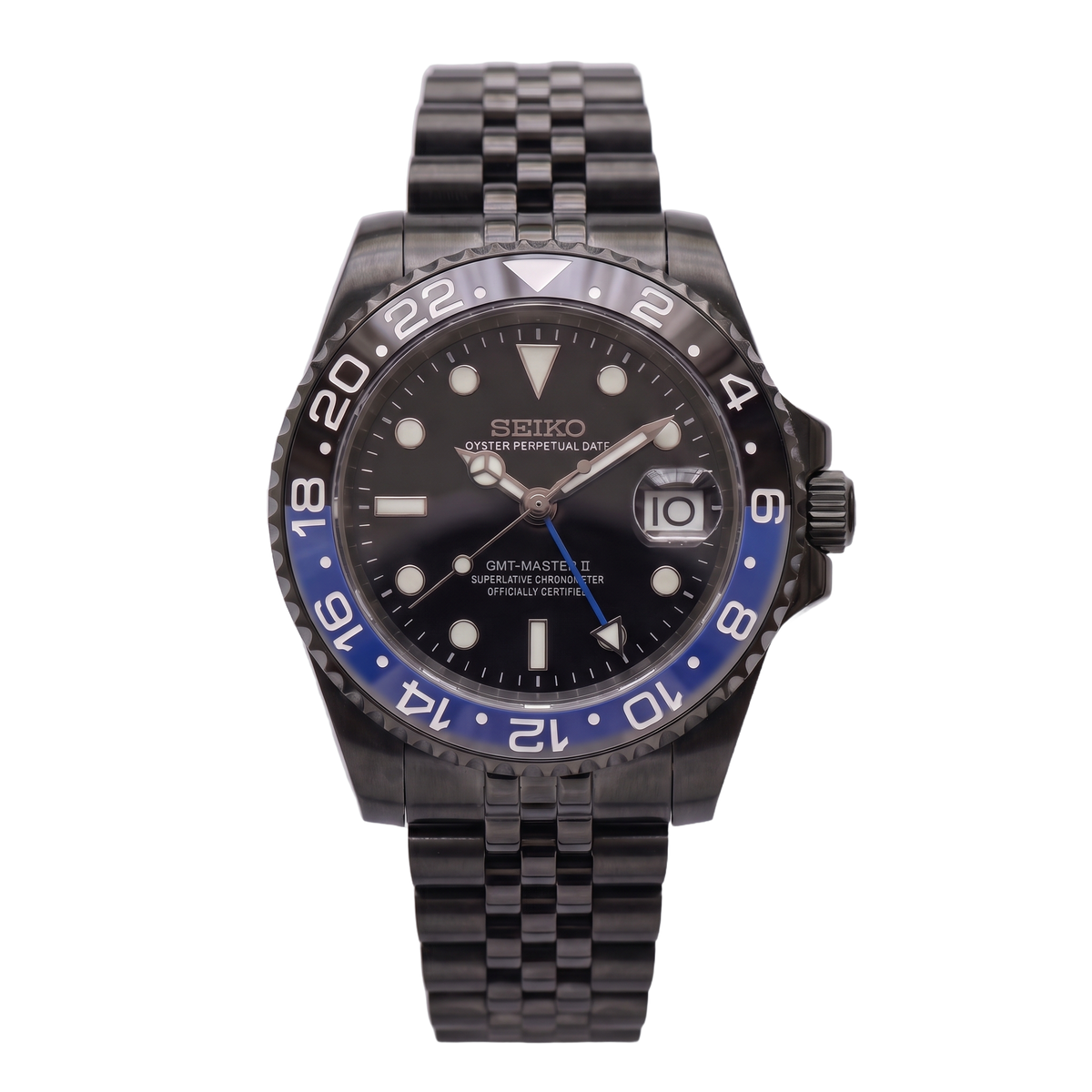 Black Batgirl Seiko mod GMT front view on Jubilee