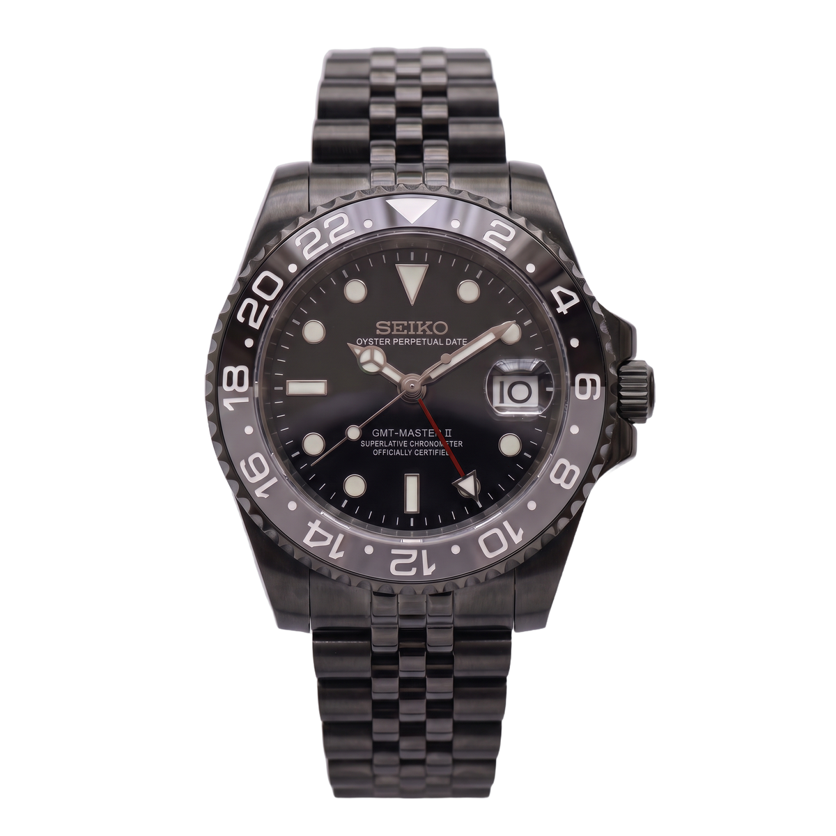 Darth Vader Seiko mod GMT front view on Jubilee