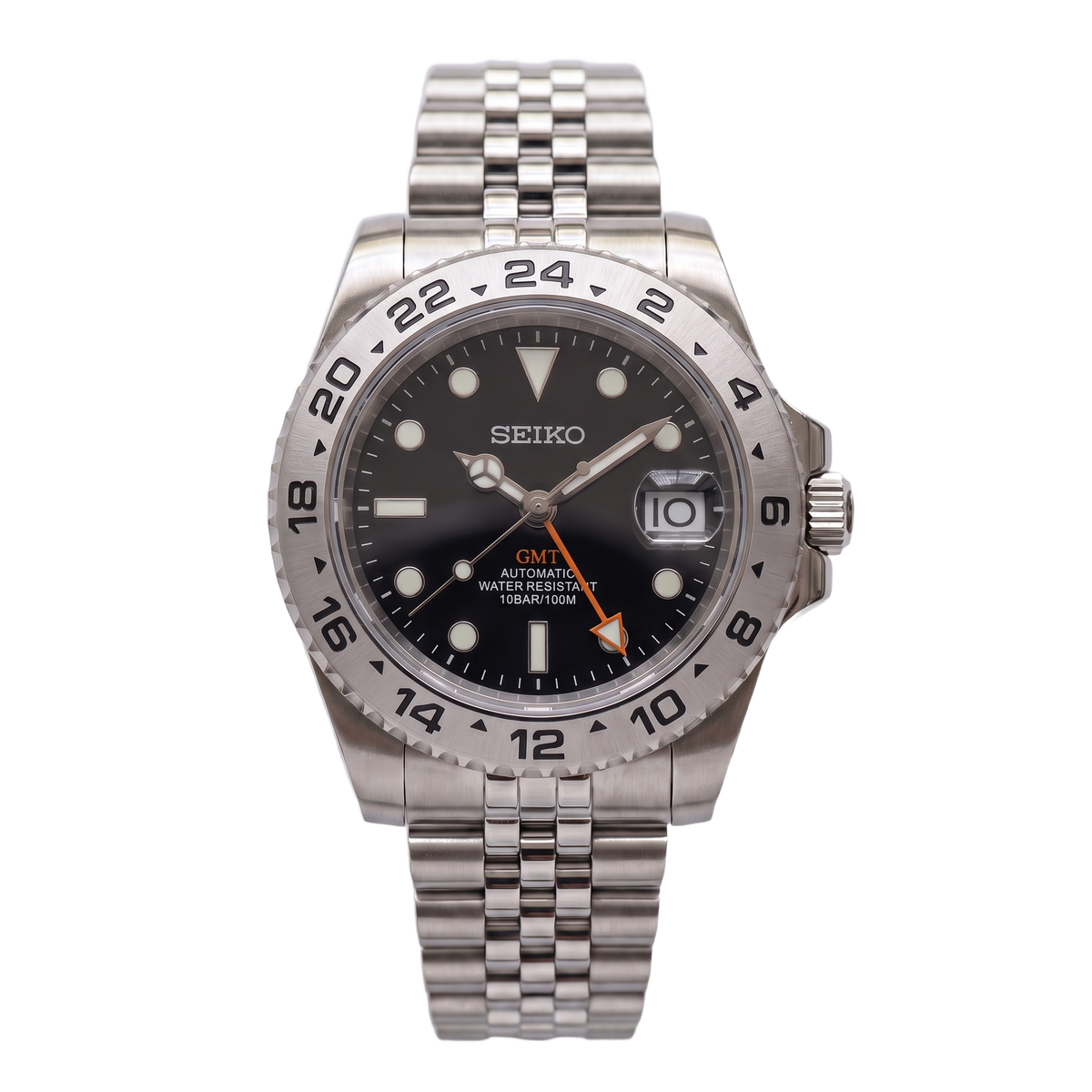 Explorer II Black Seiko mod GMT front view on Jubilee