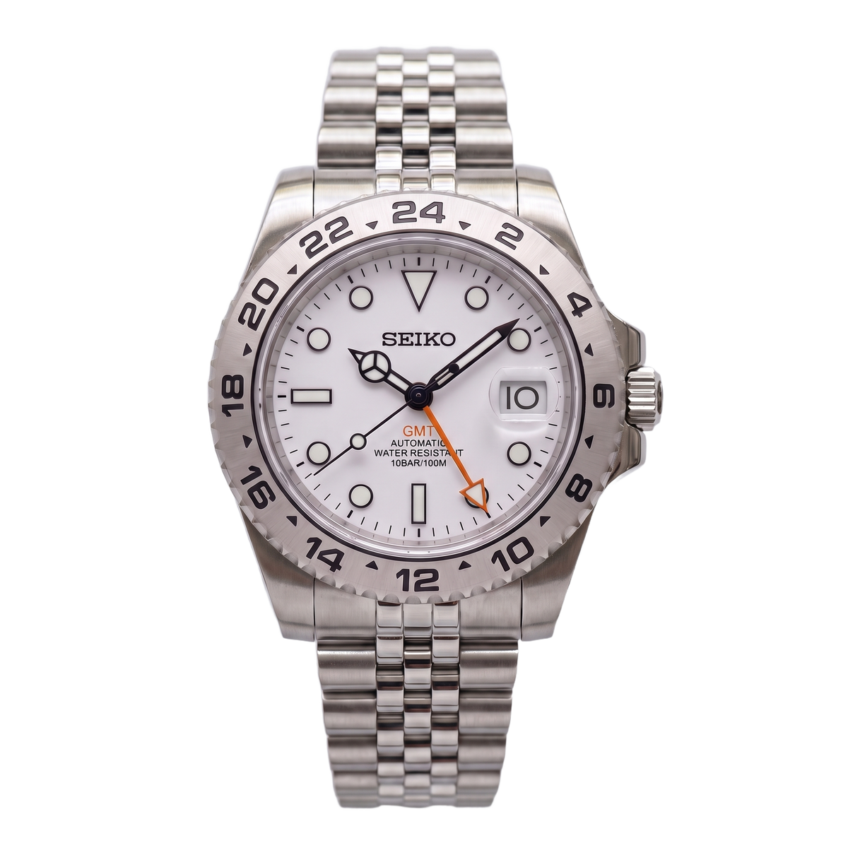 Explorer II Bright Silver Seiko mod GMT front view on Jubilee