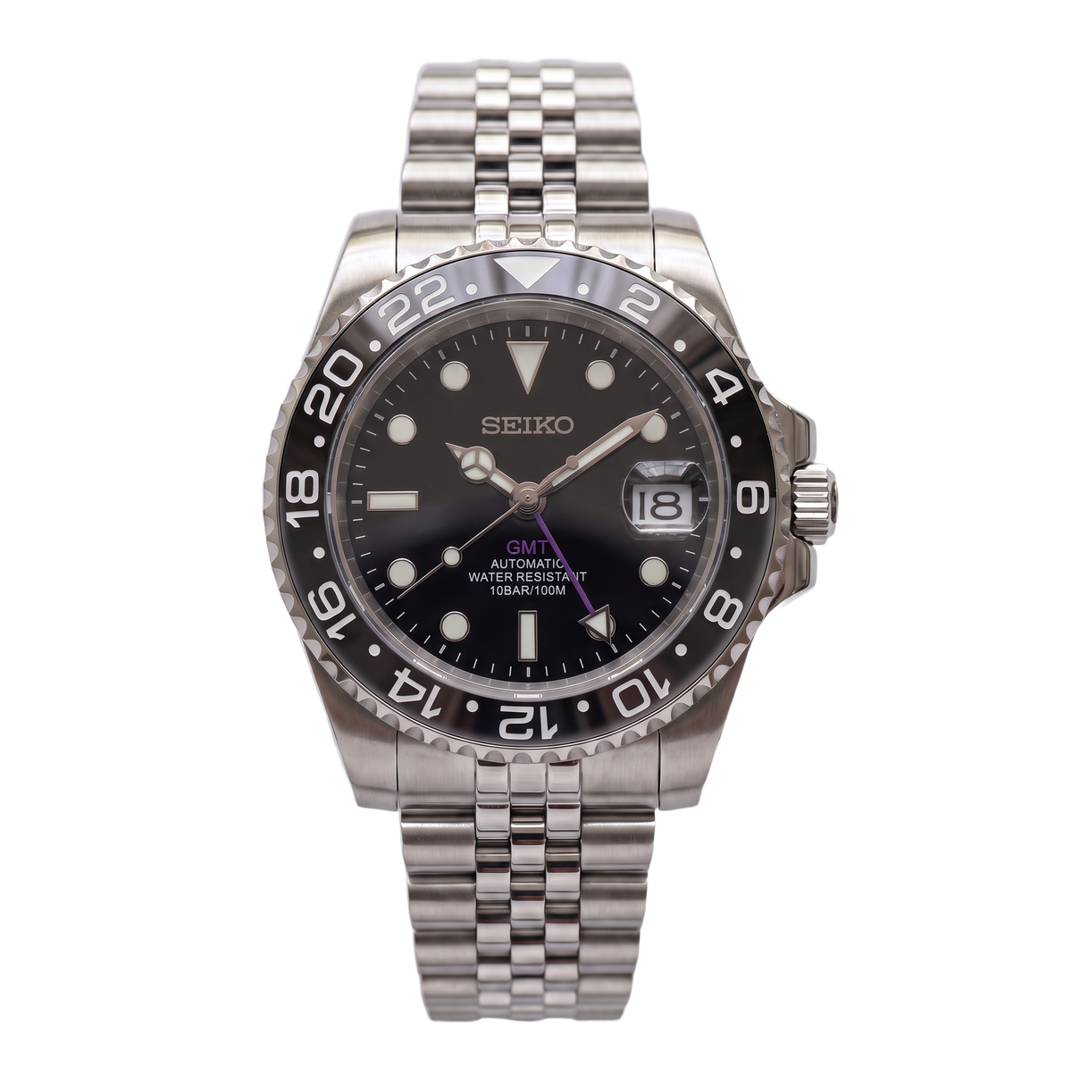Hawkeye Seiko mod GMT front view on Jubilee