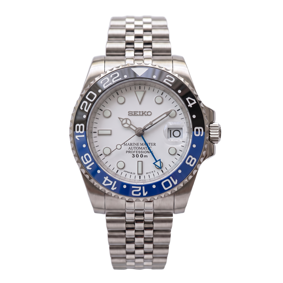 Polar White Batman Seiko mod GMT front view on Jubilee