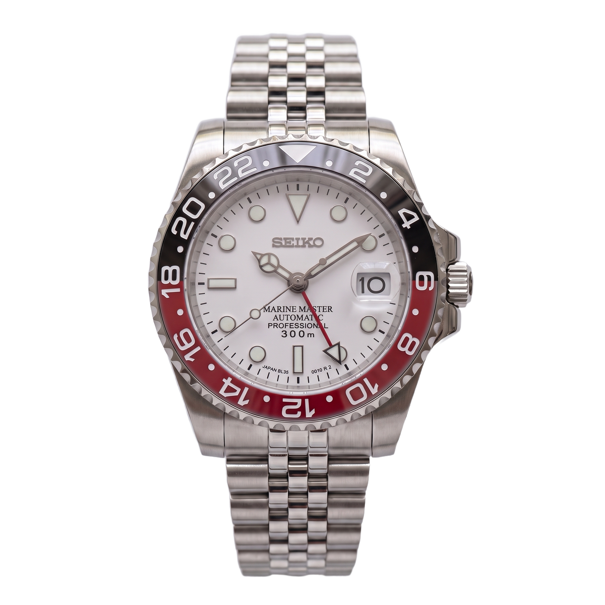 Polar White Coke Seiko mod GMT front view on Jubilee