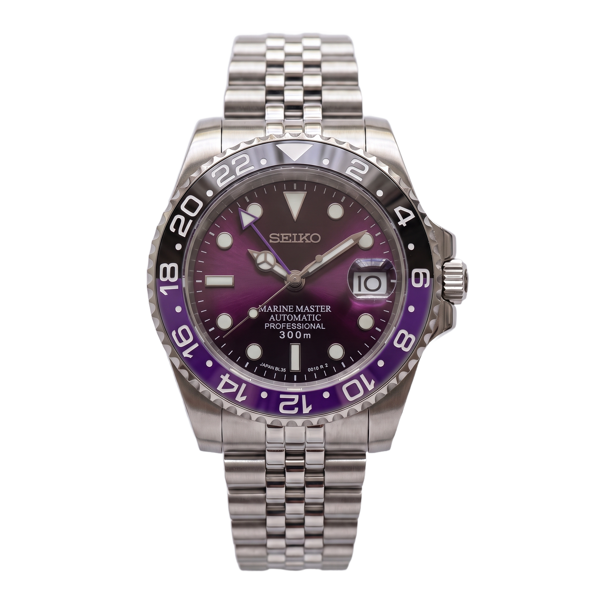 Purple Seiko mod GMT front view on Jubilee