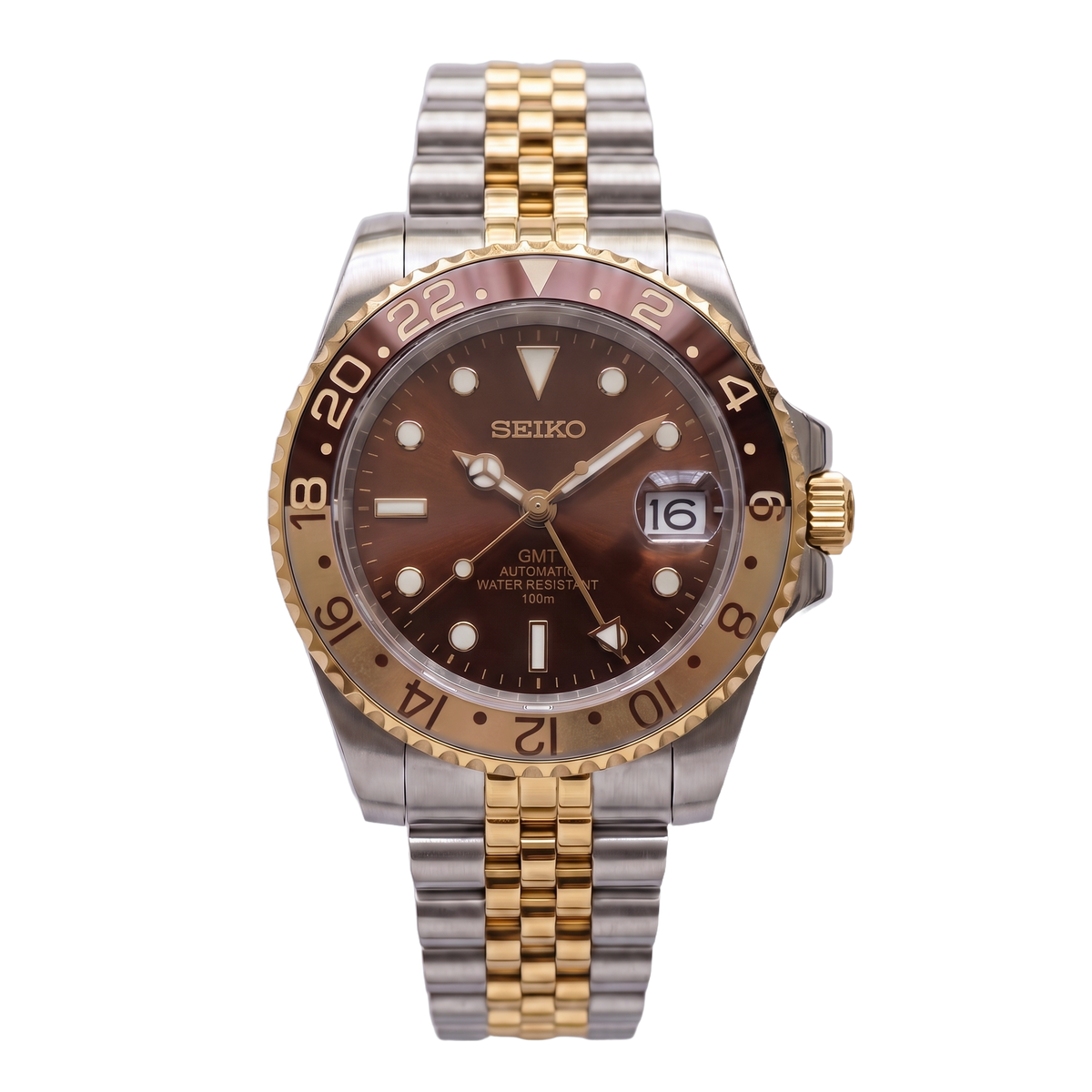 Retro Root Beer Seiko mod GMT front view on Jubilee