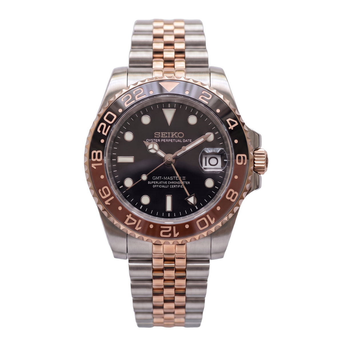 Root Beer Seiko mod GMT front view on Jubilee