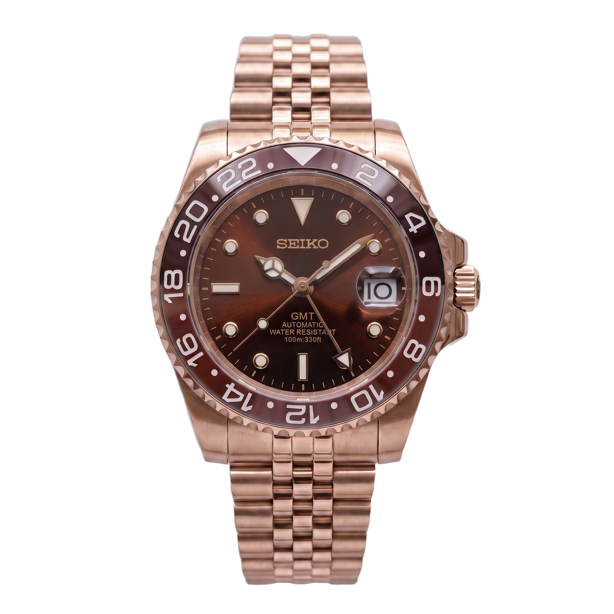 Rose Gold Brown Dial Seiko mod GMT front view on Jubilee