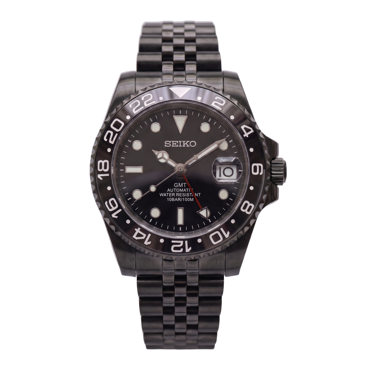 Stealth Redstrike Seiko mod GMT front view on Jubilee